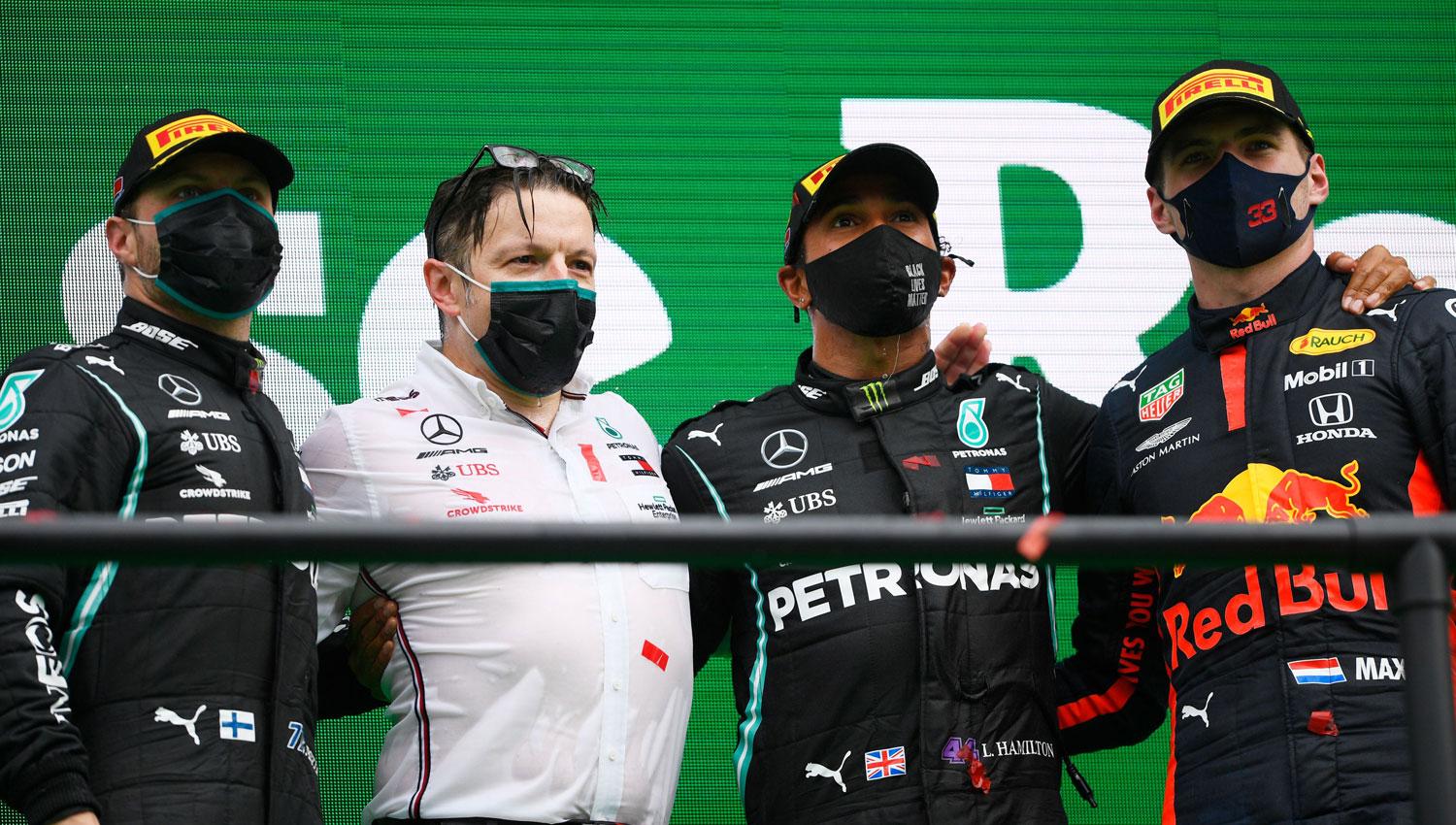 EL PODIO. Bottas, Hamilton y Verstappen, los tres más rápidos del GP de Portugal.