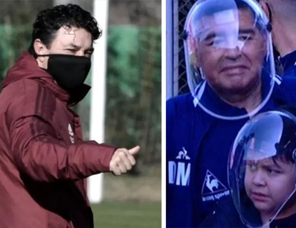 CUIDADOS. Gallardo y Maradona cumplen con los protocolos usando barbijo y máscara.