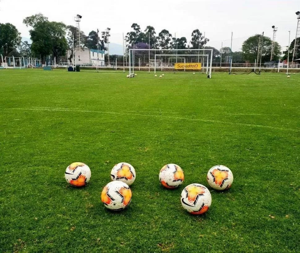 TIENEN PELOTAS. Seis balones “Merlín” en el campo principal del complejo Ojo de Agua antes del entrenamiento de Atlético, de cara al partido contra Independiente. pucat15 