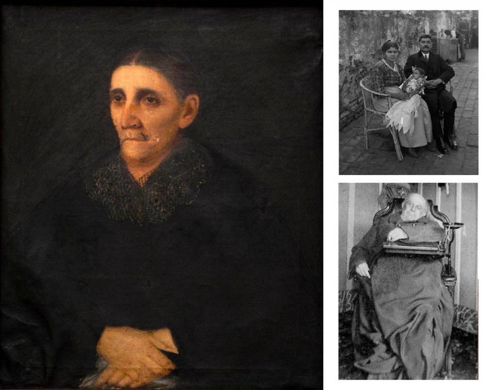 Una pintura de Baz retrata, ya muerta, a la señora González Espeche de Colombres. Al lado, dos fotografías post mortem enfocan a una familia tucumana (arriba) y a Domingo Sarmiento (abajo).