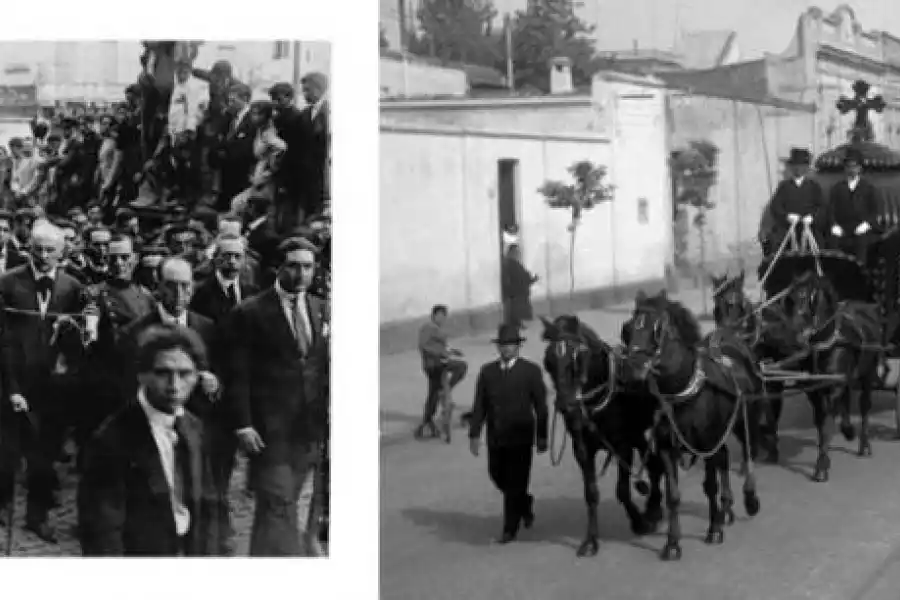  Izquierda, traslado a pulso del féretro del aviador Benjamín Matienzo. Derecha, carroza fúnebre y comitiva de deudos llegando al cementerio.