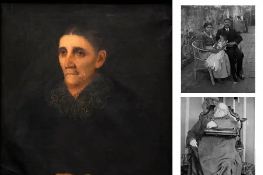  Una pintura de Baz retrata, ya muerta, a la señora González Espeche de Colombres. Al lado, dos fotografías post mortem enfocan a una familia tucumana (arriba) y a Domingo Sarmiento (abajo).