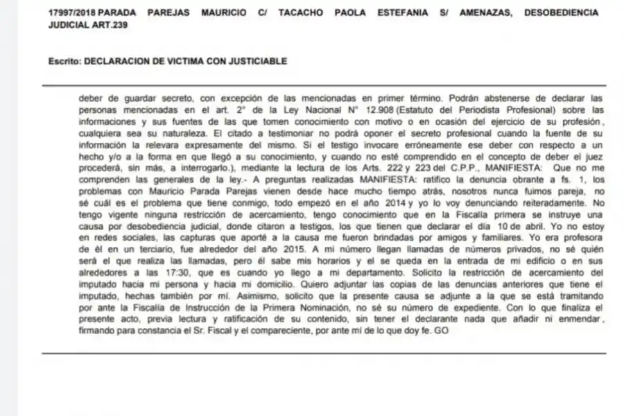 Copia de una denuncia de Paola Tacacho contra Mauricio Parada Parejas.