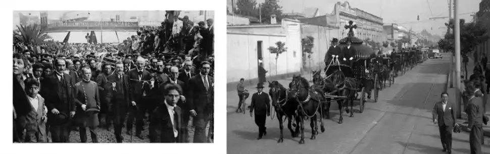 Izquierda, traslado a pulso del féretro del aviador Benjamín Matienzo. Derecha, carroza fúnebre y comitiva de deudos llegando al cementerio.