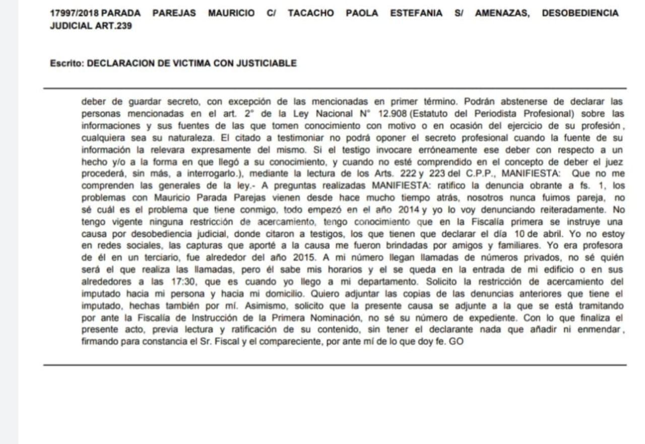 Copia de una denuncia de Paola Tacacho contra Mauricio Parada Parejas.