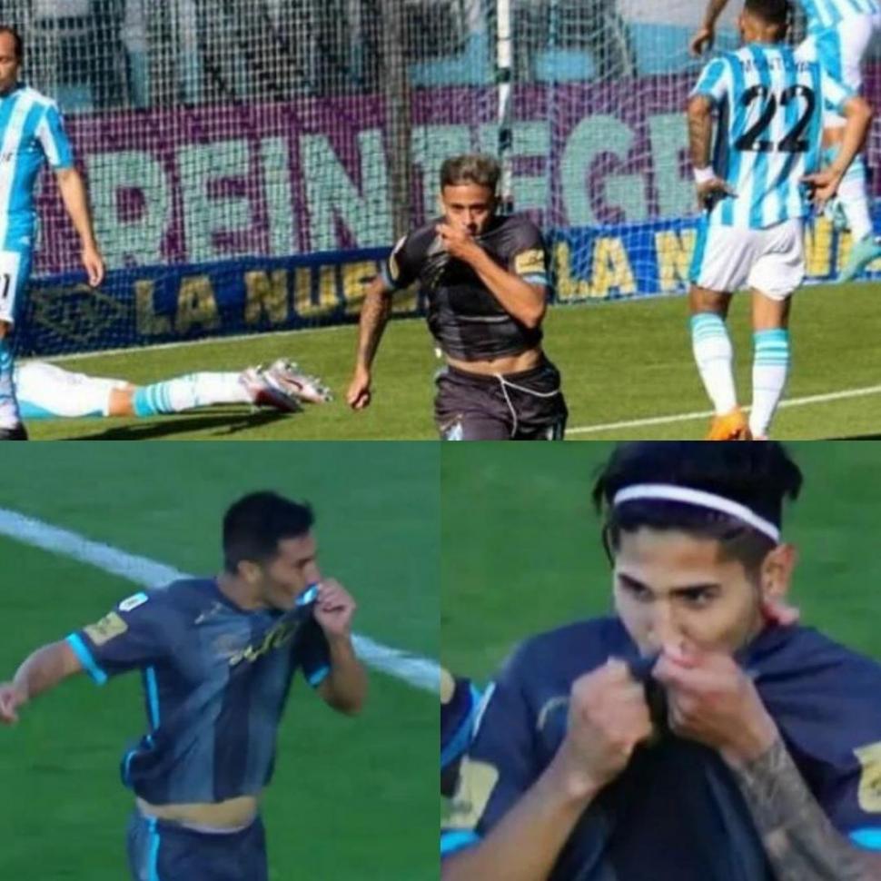 ORGULLO “DECANO”. Ruiz Rodríguez, Acosta e Isa Luna besándose el escudo tras sus goles a Racing.