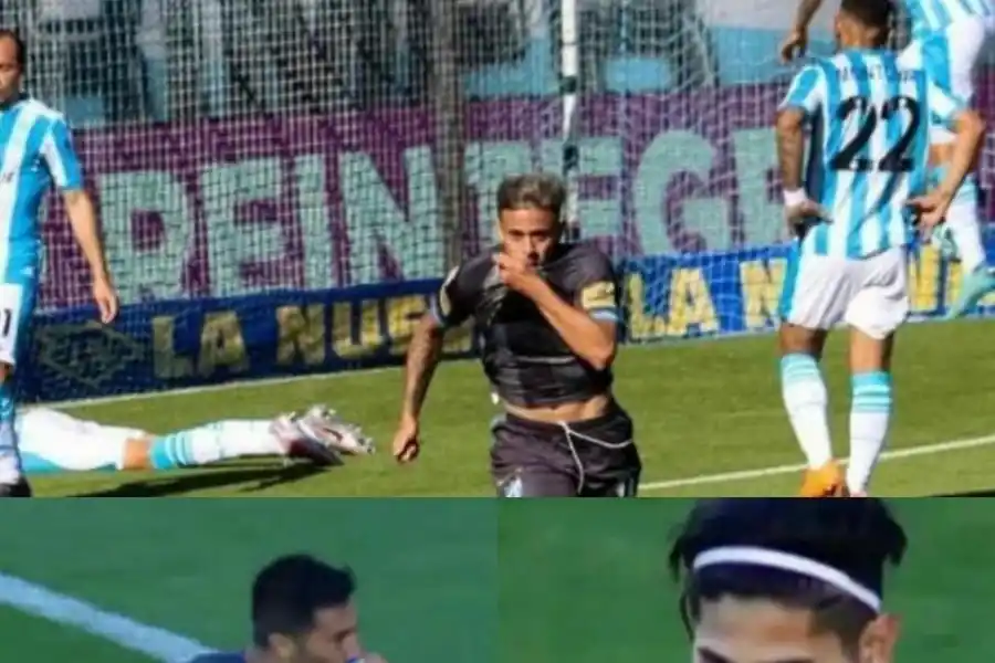 ORGULLO “DECANO”. Ruiz Rodríguez, Acosta e Isa Luna besándose el escudo tras sus goles a Racing.