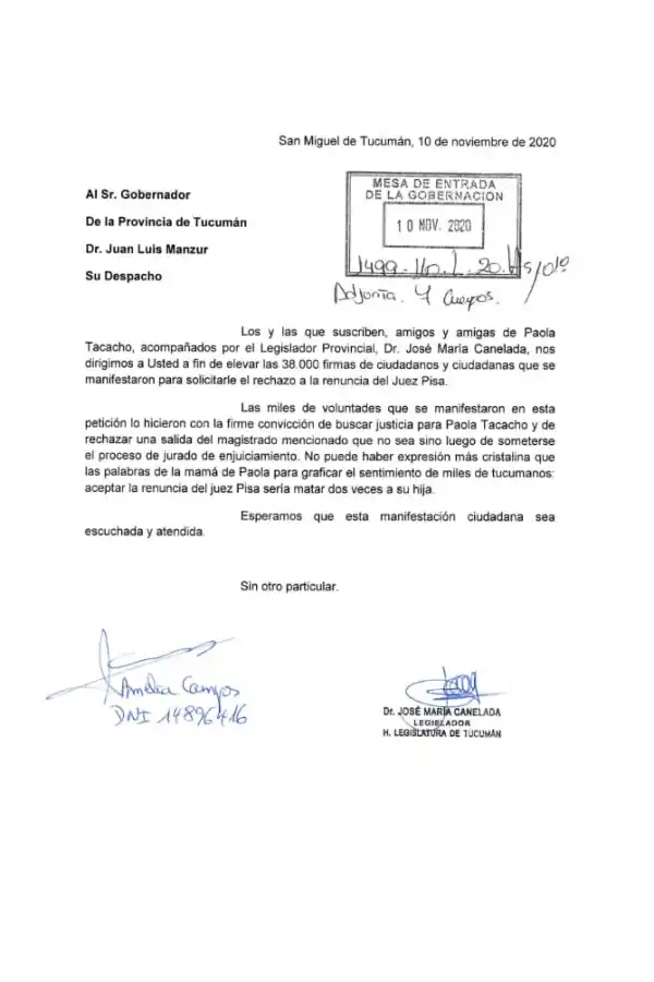 Presentaron 40.000 firmas en Casa de Gobierno para que Manzur no acepte la renuncia de Pisa