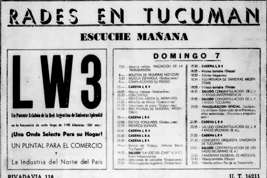 PUBLICIDAD. LW3 se presentaba con una gran propaganda donde se podía ver la cartelera de aquel primer día de transmisión. 