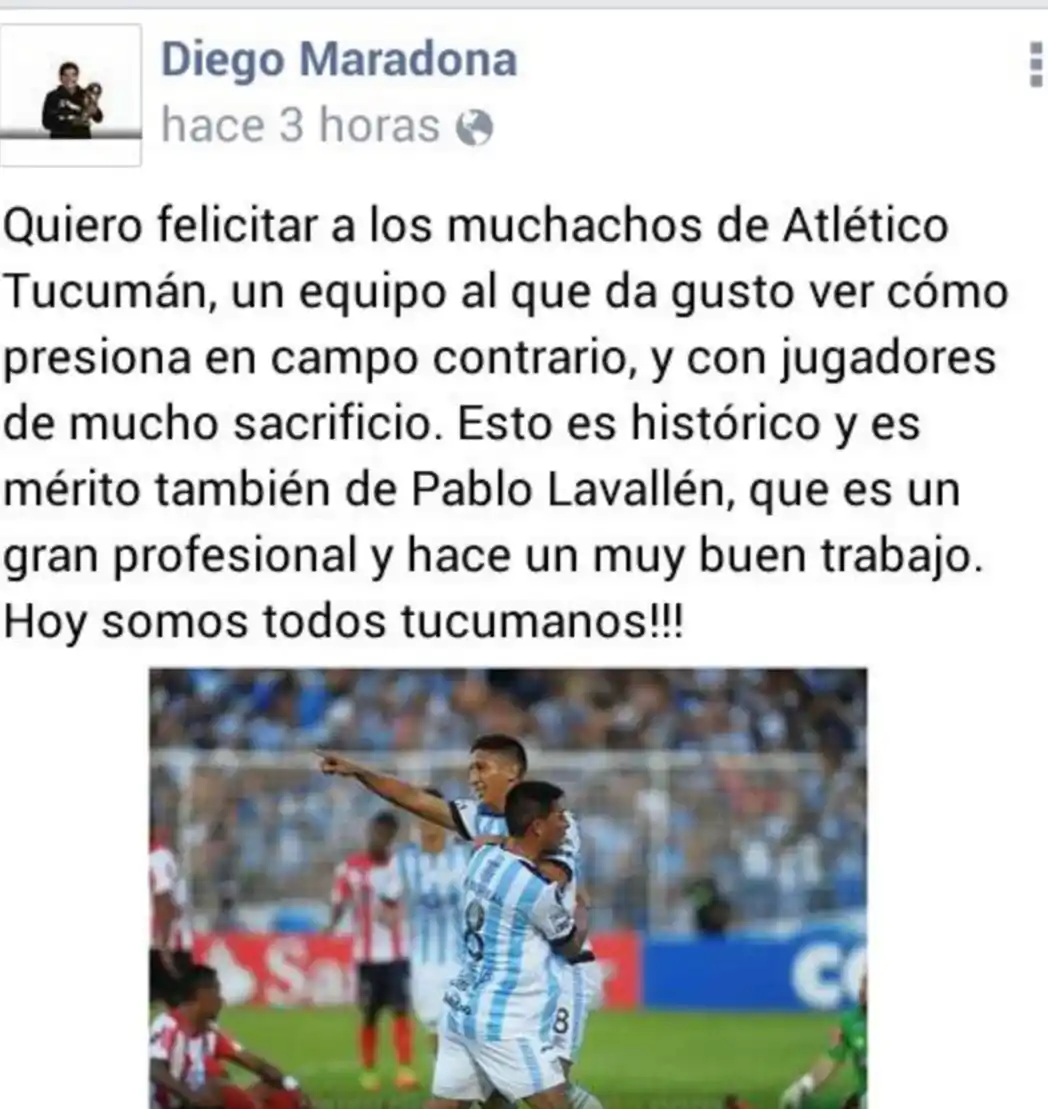 El tuit de Diego Maradona para Atlético Tucumán.