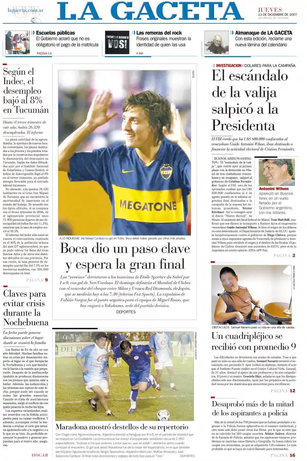CON DIEGO EN LA TAPA. La edición de LA GACETA del 13 de diciembre de 2007.