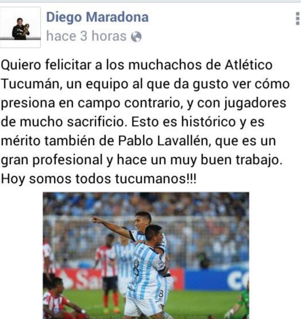 El tuit de Diego Maradona para Atlético Tucumán.