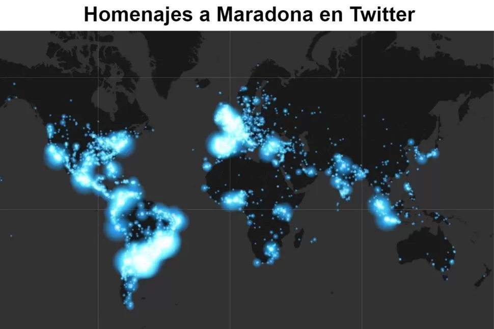 MAPA DE CALOR Innteractivo que muestra la explosión maradoniana en Twitter cuando se conoció la noticia de su muerte. 