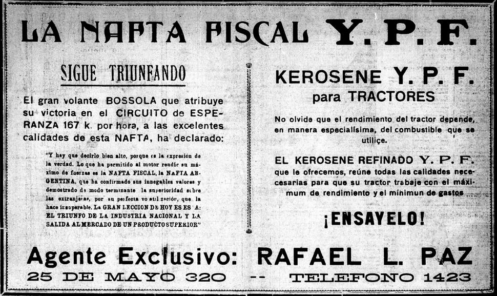 PROMOCIÓN. Vemos la primera propaganda de la empresa creada por Mosconi publicada en los primeros días de diciembre de 1926 