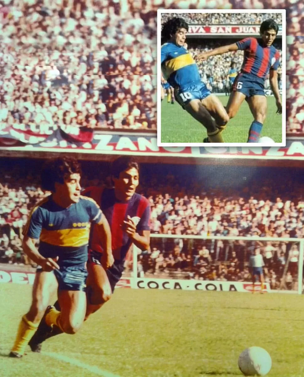 EN LA BOMBONERA. Diego y Hugo ya se conocían desde que el “10” jugaba en Argentinos, pero el defensor surgido en Atlético conserva varias fotos de ese recordado Boca-San Lorenzo en el Metropolitano de 1981.