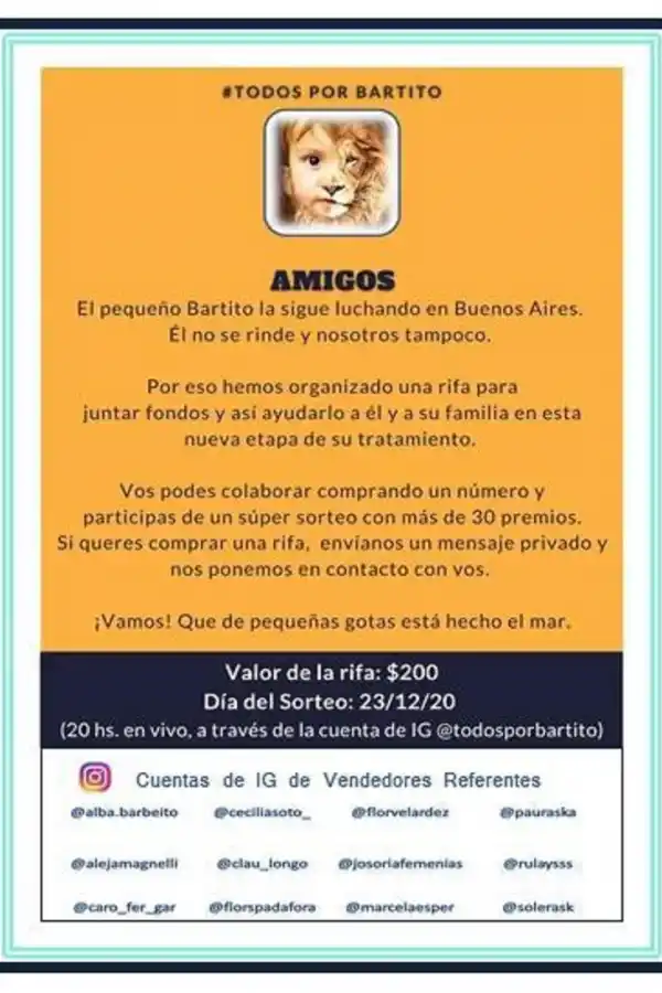 #TodosPorBartito: más de 30 emprendedores se unen para colaborar con el tratamiento de un niño tucumano