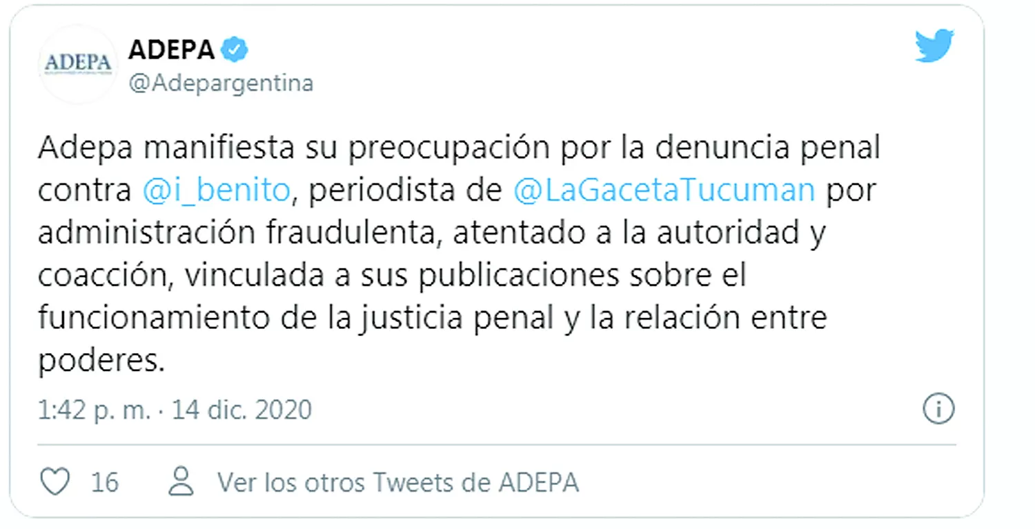 Preocupación  de Adepa: alerta por la denuncia contra Benito