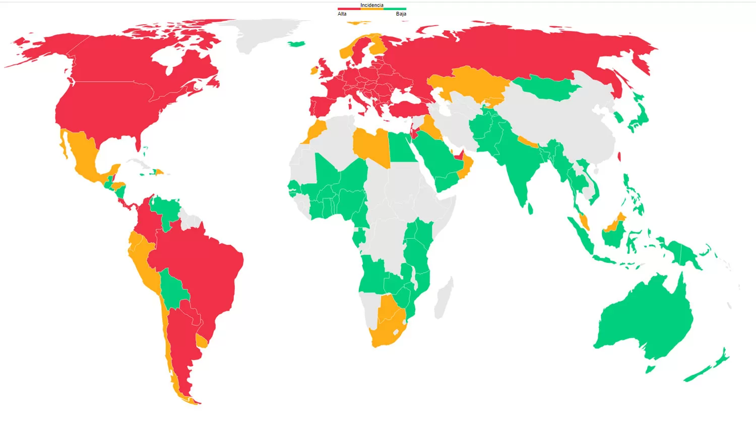 Mapa global de la incidencia de casos por covid-19 en las últimas dos semanas