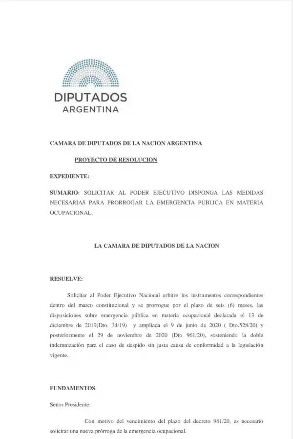 Con un proyecto, Leito le pide al Presidente que extienda la emergencia ocupacional por seis meses