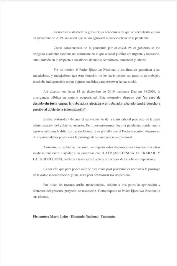 Con un proyecto, Leito le pide al Presidente que extienda la emergencia ocupacional por seis meses