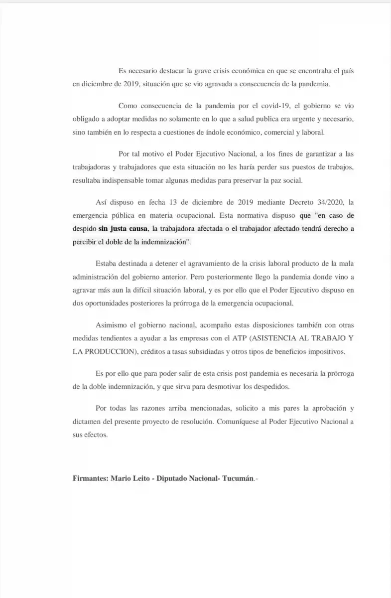 Con un proyecto, Leito le pide al Presidente que extienda la emergencia ocupacional por seis meses