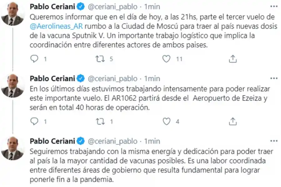 Confirman que esta noche saldrá el avión que irá a buscar las vacunas a Rusia