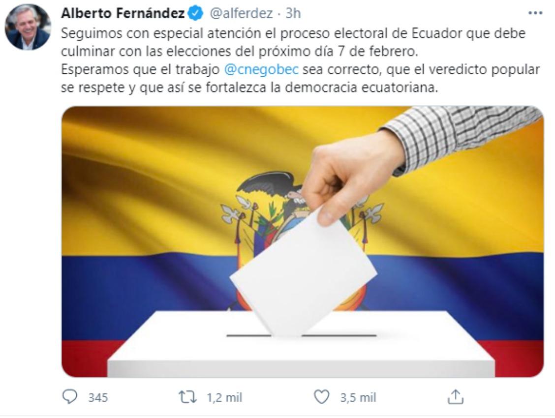 Alberto Fernández pidió respetar el proceso electoral en Ecuador