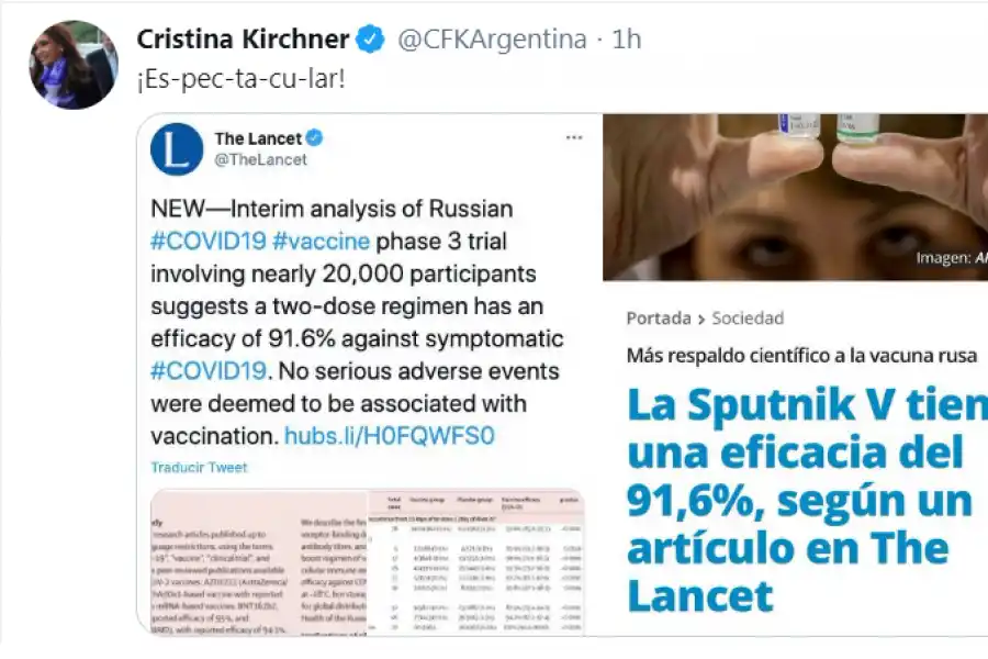 Cristina aprovechó el estudio sobre la eficacia de la  vacuna rusa para hacer declaraciones