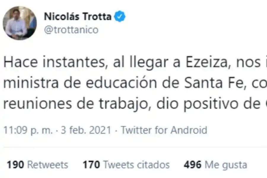 Trotta, aislado por ser contacto estrecho de un caso de coronavirus