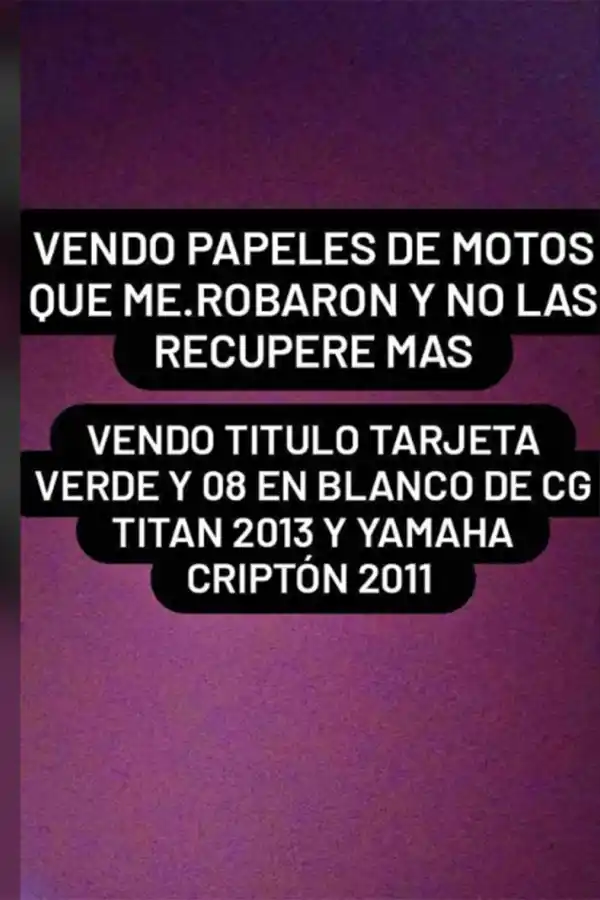 PRUEBAS II. Un desconocido oferta documentación de motos que, según aclara en la publicación, le robaron y que nunca más la pudo recuperar.