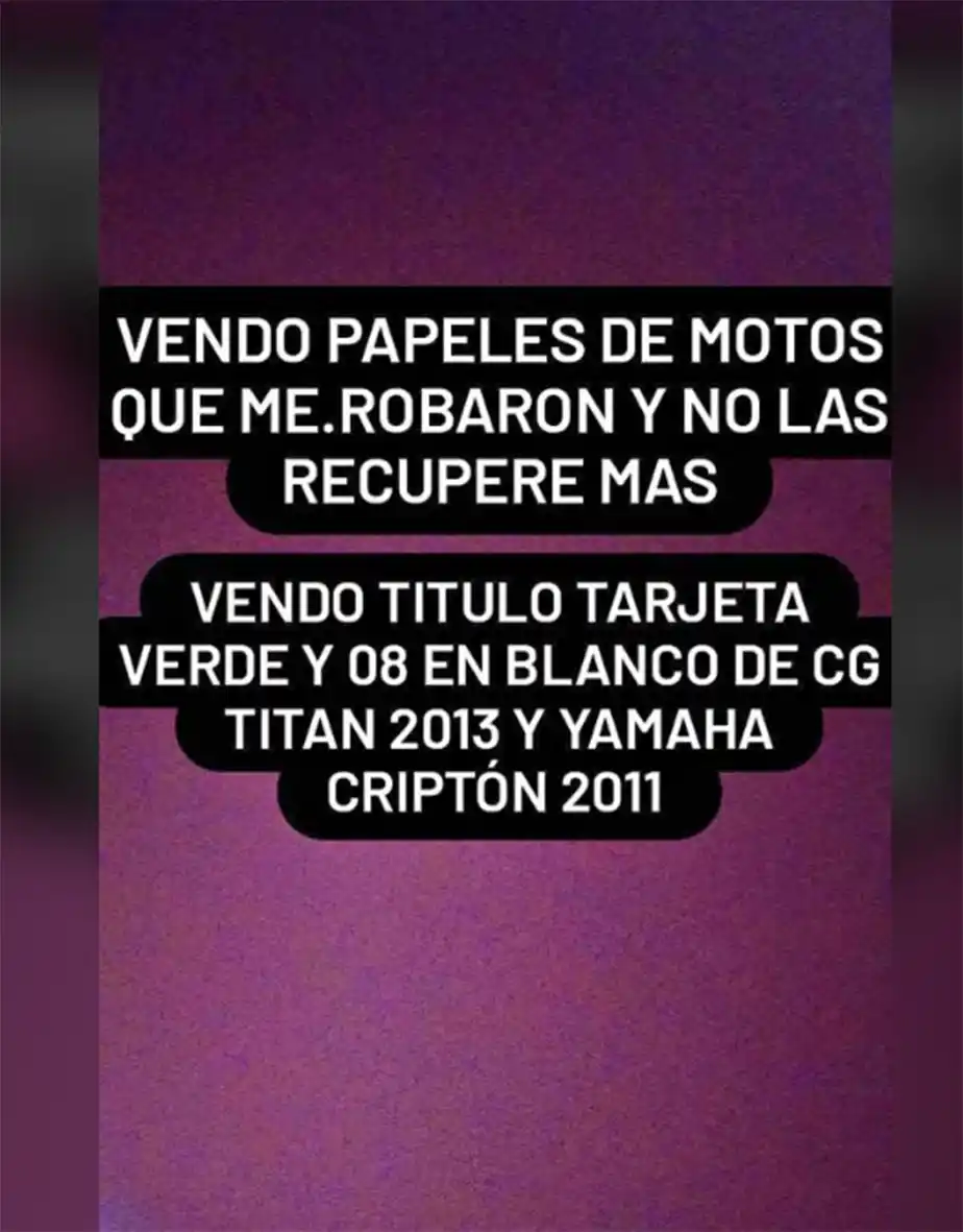 PRUEBAS II. Un desconocido oferta documentación de motos que, según aclara en la publicación, le robaron y que nunca más la pudo recuperar.