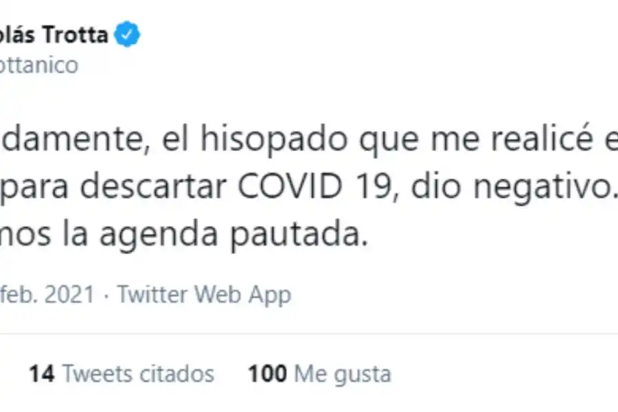 Nicolás Trotta confirmó que le dio negativo el hisopado por coronavirus