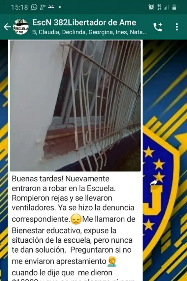 ESCUELA N° 382 “Libertador de América” de Río Chico, Aguilares. Los directivos avisan por las redes la situación de la escuela y  la falta de atención del Ministerio de Educación.