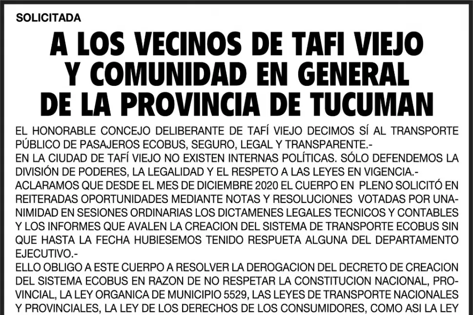 A los vecinos de Tafí Viejo y a la comunidad en general de la Provincia de Tucumán