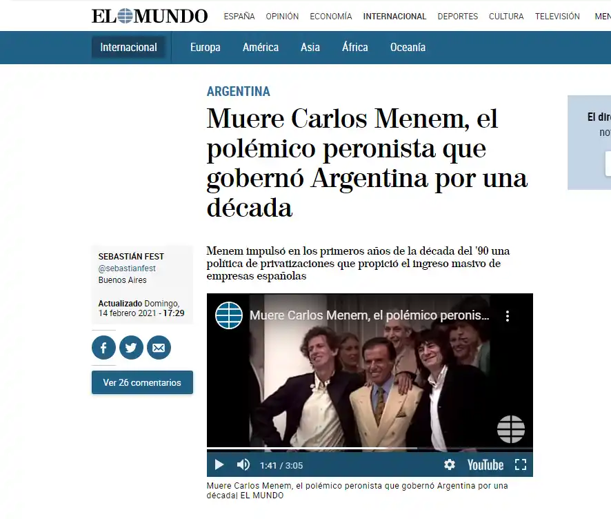 Los principales diarios del mundo se hacen eco de la muerte de Carlos Menem