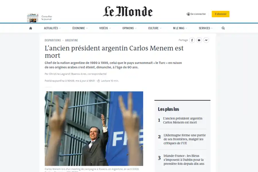 Los principales diarios del mundo se hacen eco de la muerte de Carlos Menem