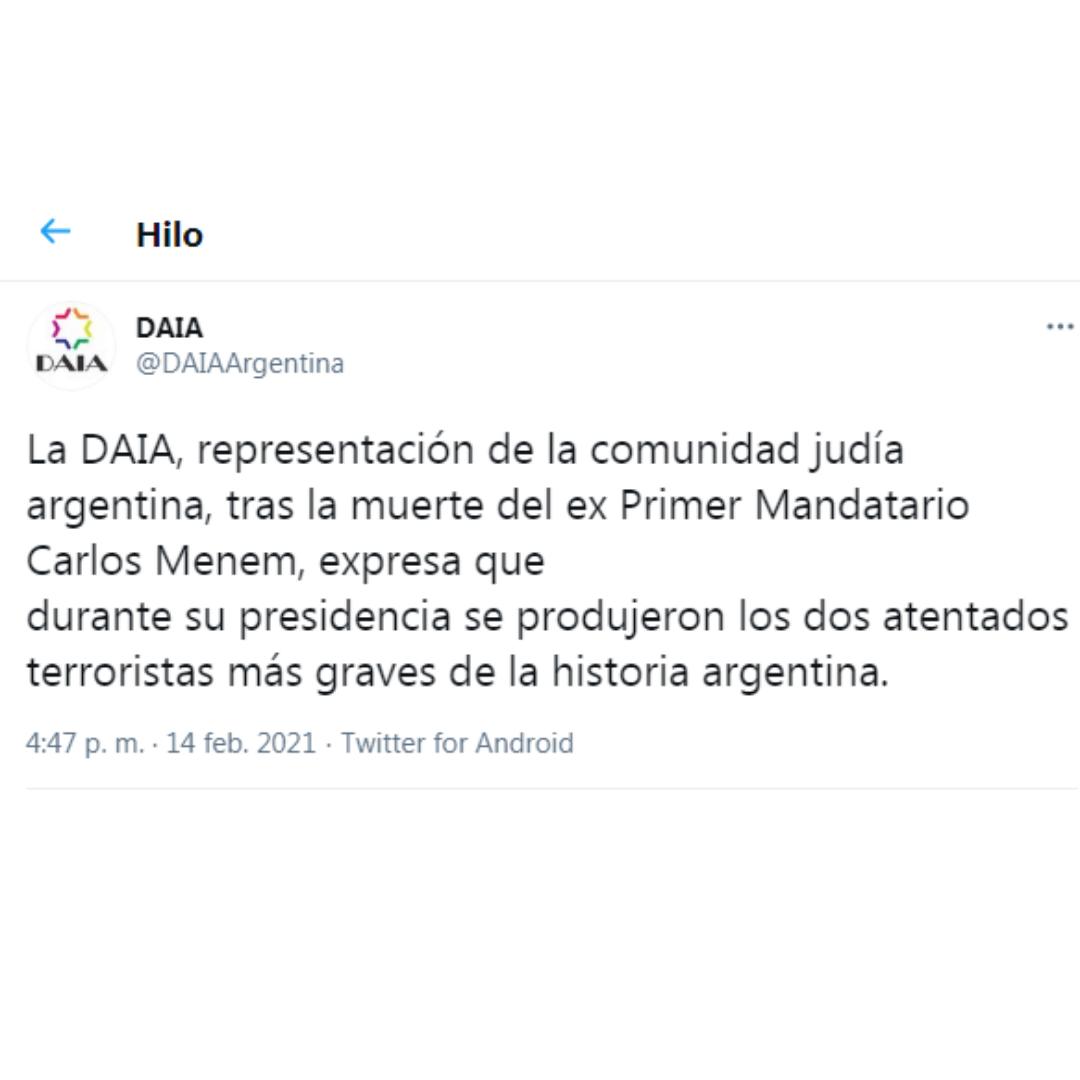 El fuerte comunicado de la DAIA tras la muerte de Carlos Menem