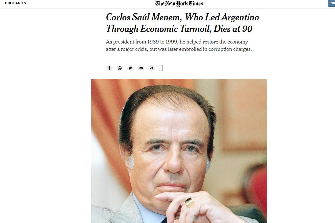 Los principales diarios del mundo se hacen eco de la muerte de Carlos Menem