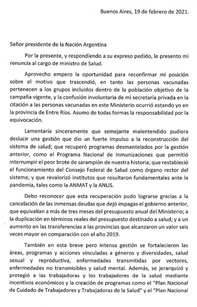 Ginés González García presentó su renuncia y habló de una confusión involuntaria