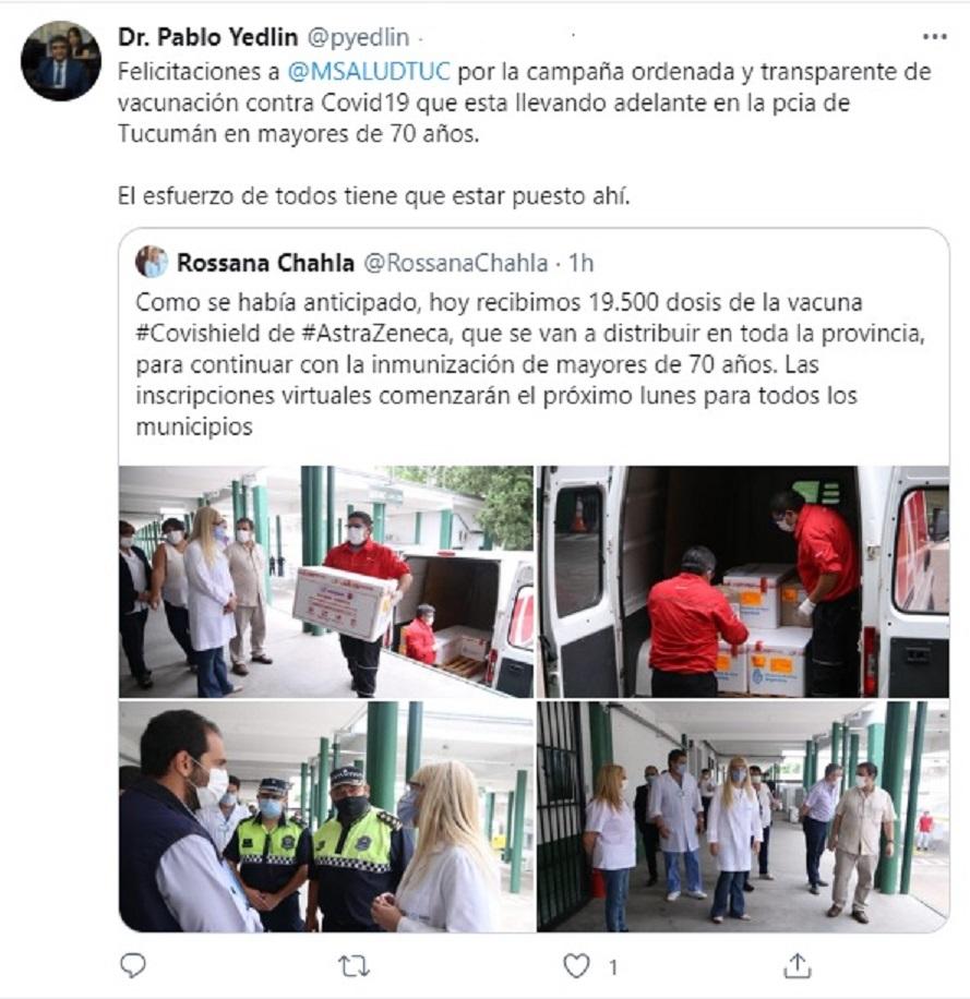 Yedlin calificó como ordenada y transparente la campaña de vacunación en Tucumán