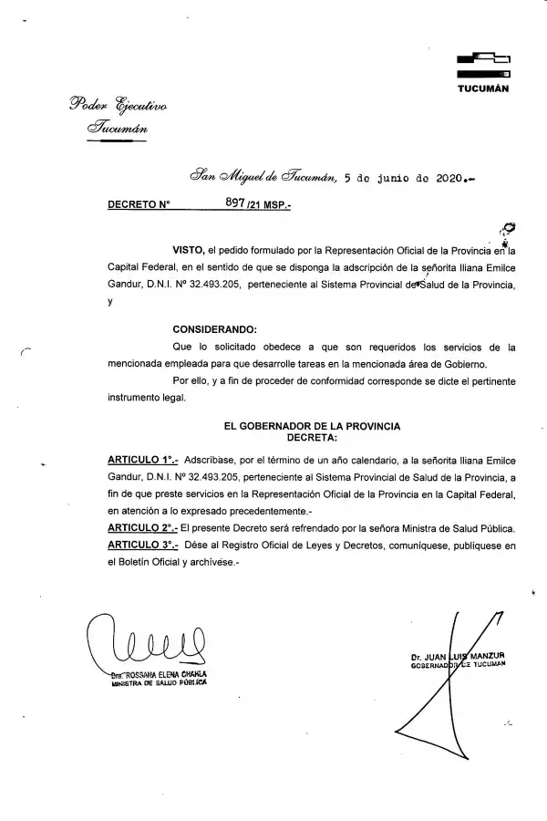 FACSÍMIL DEL DECRETO. La decisión que envió a Iliana Gandur a BA. 