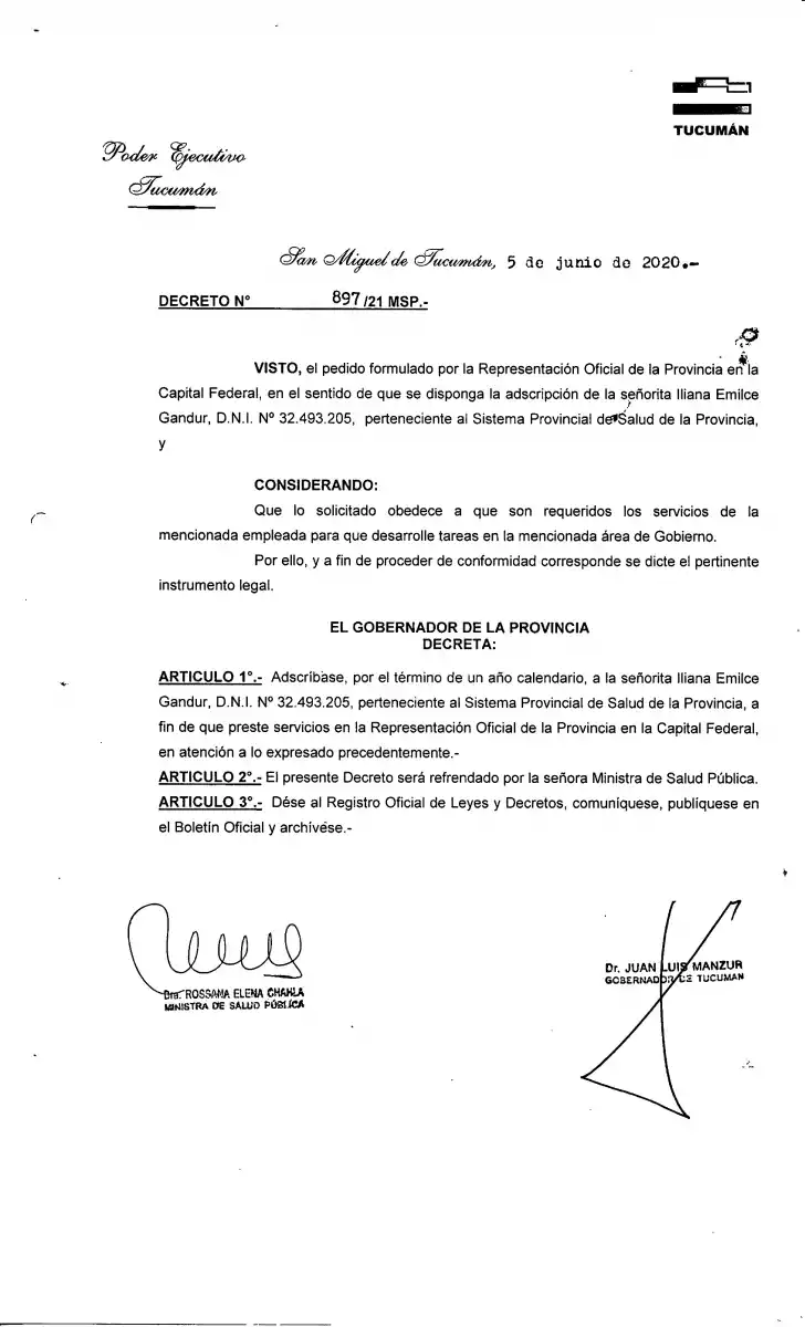 FACSÍMIL DEL DECRETO. La decisión que envió a Iliana Gandur a BA. 