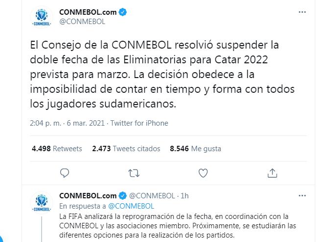 La Conmebol suspendió la doble fecha de las Eliminatorias Sudamericana de marzo