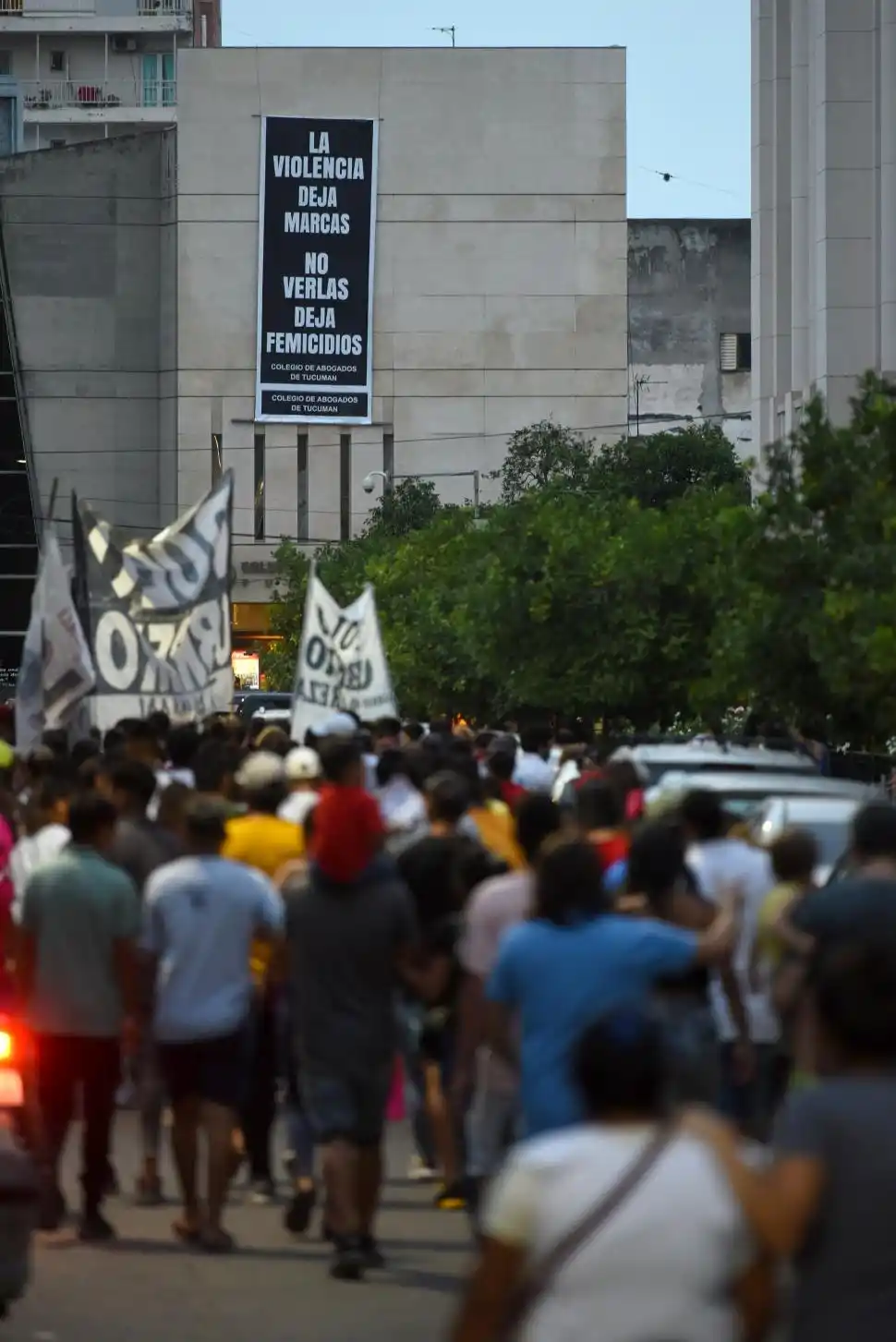 “LA VIOLENCIA DEJA MARCAS, NO VERLAS DEJA FEMICIDIOS”. El mensaje de una bandera plegada desde la terraza de un edificio.