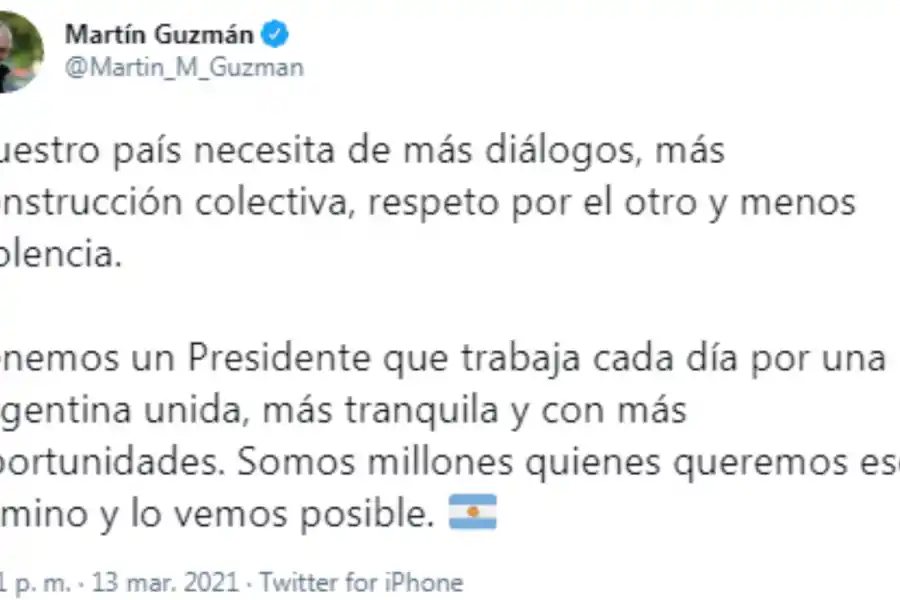 Martín Guzmán condenó el ataque que sufrió Alberto Fernández en Chubut
