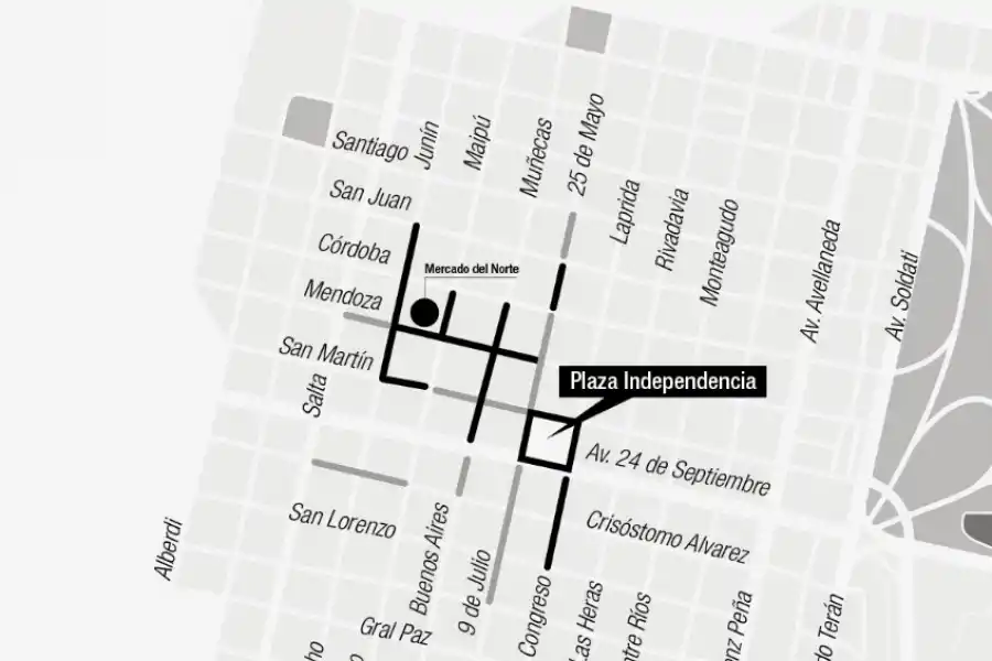 REFERENCIAS: Las líneas negras advierten sobre el tránsito cortado; las líneas grises, sobre el acceso restringido.