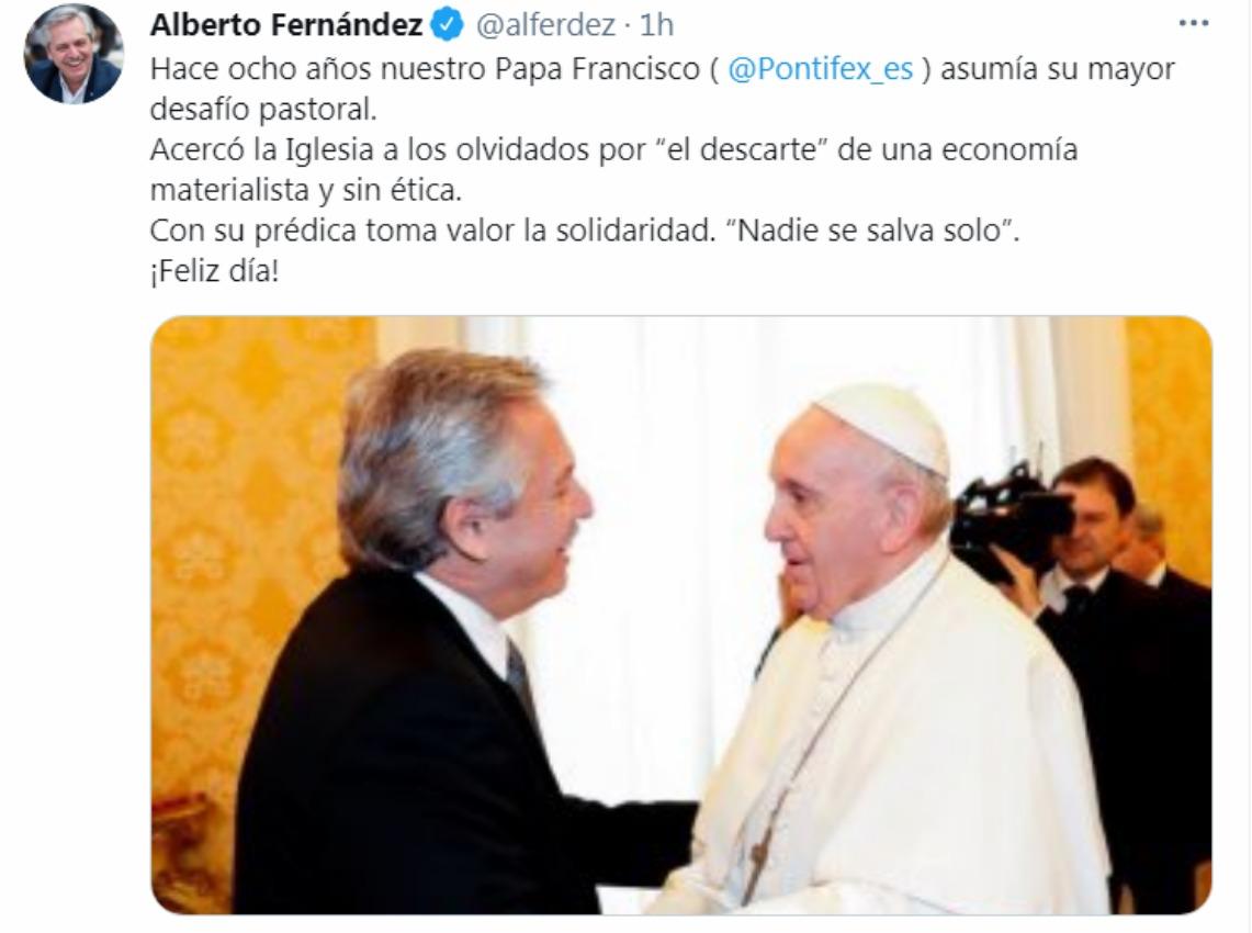 Alberto Fernández felicitó al Papa por el octavo aniversario de su pontificado