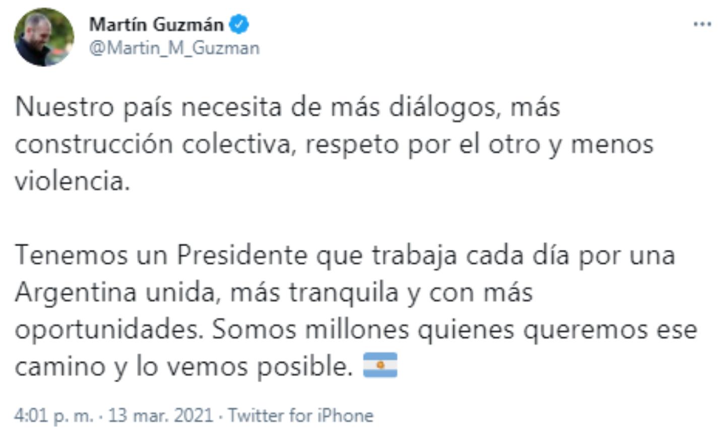 Martín Guzmán condenó el ataque que sufrió Alberto Fernández en Chubut