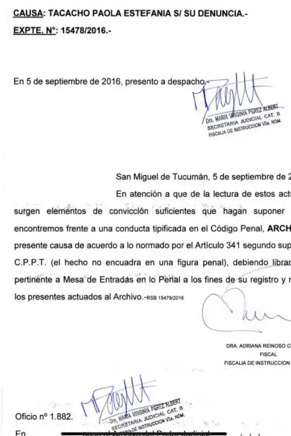 PUNTO FINAL PARA EL PRIMER PROCESO. Facsímil de la decisión de archivo de las actuaciones firmada por la fiscala Adriana Reinoso Cuello el 5 de septiembre de 2016. 