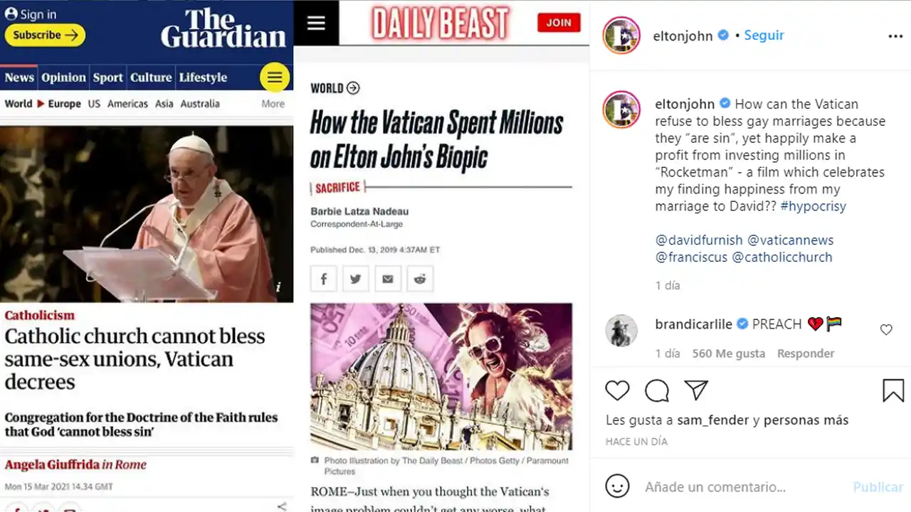 Elton John criticó al Vaticano por no bendecir matrimonios igualitarios: “hipocresía”